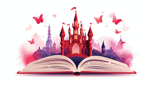 Open red book with castle and stars isolated on white