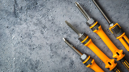 Set of screwdrivers on grey background flat lay. 