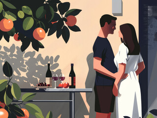 An illustration of a couple enjoying a moment together in a serene setting with wine and fruits on the table.