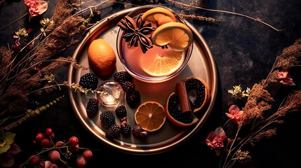 A tray of fruit and a drink with a sprig of rosemary on top