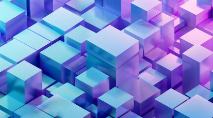 Block, cubes and render graphic, 3d and abstract design or creative pattern. Neon, wallpaper and blockchain, textures and structure, digital and glow, background and form for geometric illustration