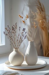 Two White Vases on Tray by Window
