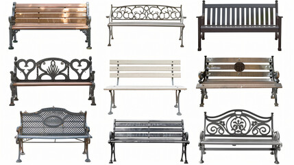 Set of various style designs of park or outdoor waiting seats or bench - obrazy, fototapety, plakaty