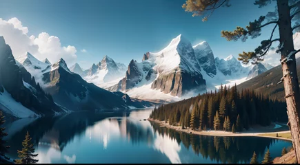 Wandcirkels plexiglas landscape with lake and mountains © Lai