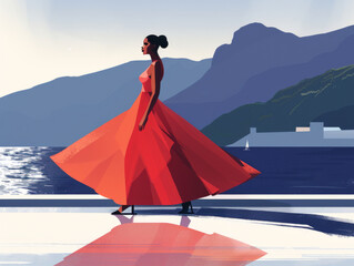 Illustration of a woman in a red dress by the sea with mountains and sailboats in the background. - obrazy, fototapety, plakaty