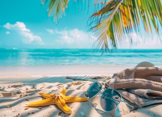 Fototapeta na wymiar Towel, Sunglasses, and Starfish on Beach