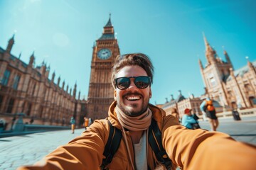 Joyful man taking selfie at Big Ben