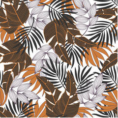 Abstract seamless tropical pattern with bright plants and leaves on a white background. Seamless pattern with colorful leaves and plants. Seamless exotic pattern with tropical plants.