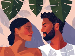Poster Illustration of a romantic couple close together, surrounded by foliage. © neatlynatly