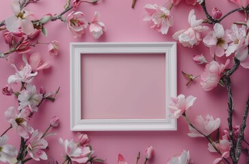 White Frame Surrounded by Pink Flowers on Pink Wall