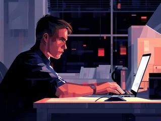 Poster Illustration of a person working on a laptop in a room with a city view at night. © neatlynatly