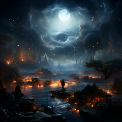 Fantasy landscape with ancient temple in full moon light. 3D rendering