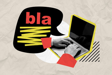 Composite photo collage of hands type laptop computer internet correspondence dialogue distance...