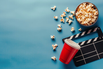 Movie Clapper, Popcorn, and Red Cup on Blue Background
