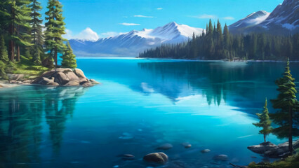scenery illustration with mountains and water
