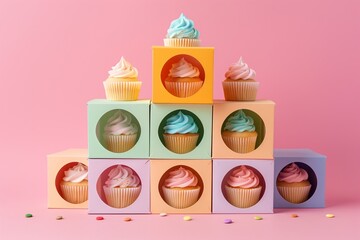 A playful arrangement of various cupcakes with pastel frosting, neatly presented in vibrant pastel-colored boxes against a pink background.