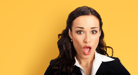 Wow. Face portrait excited surprise, shock happy business woman businesswoman with wide open mouth...