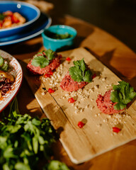 Eastern cuisine. Georgian fresh salad. Georgian national cuisine, food on the table in the restaurant. Oriental food. Authentic traditional meals