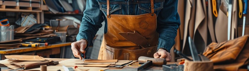 Designer working on a DIY project bag, with tools and materials visible, emphasizing the creative process in bag design
