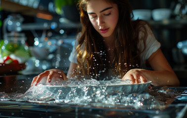 Young woman washing dishes in the kitchen sink