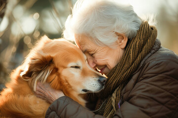 Portrait of a relaxed senior woman hugging dog sitting on a couch and enjoying retirement in her living room. Friendship between a woman and a dog. Concept of pet and owner love. 