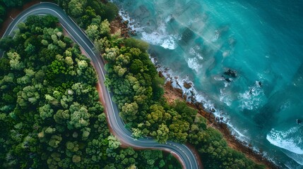 Photograph of a driveway on the edge of a beach, and forest top view