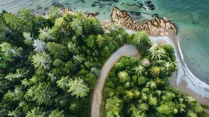 Photograph of a driveway on the edge of a beach, and forest top view