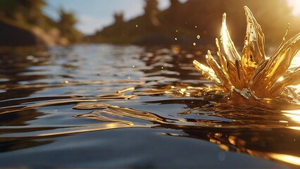 Luminous Cascades: Scene Illuminated by Golden Sunlight and Falling Water - obrazy, fototapety, plakaty