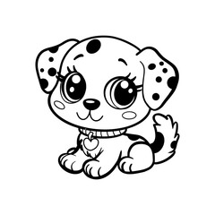 Coloring page black and white dog puppy sitting. Coloring book for children. Cute Dalmatian dog contour lines, coloring pages for kids. 