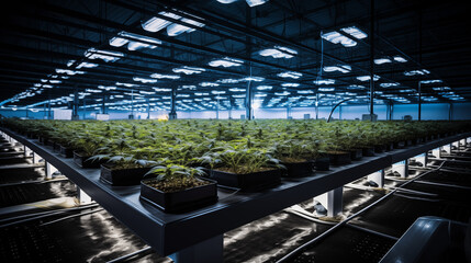 High-Tech Indoor Cannabis Farming with Overhead LED Lights