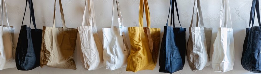 Array of minimalist totes from organic cotton, stylishly presented in an urban shop, showcasing sustainability and fashion