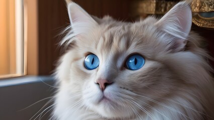 Fluffy White Cat with Striking Blue Eyes Sitting by the Window.