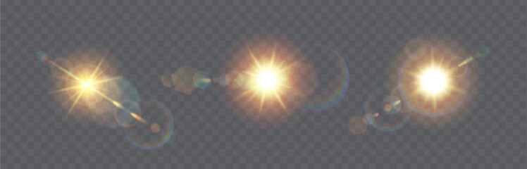 Sunlight glare effects realistic vector illustration set. Sunbeams natural flare. Sun rays light 3d elements on transparent background