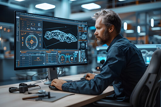View of the Mechanical Engineer Designing 3D Engine Model on Personal Computer. Professional Working At the Factory.