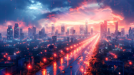 Fototapeta premium Smart city, big data connection technology. Concept of 5G, IOT, wireless digital connection, internet of things