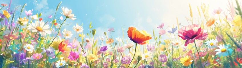 Outdoor spring outing, "Dream Meadow: Colorful Wildflowers in Bloom" The summer sun is bright and the mood is pleasant, top view, large perspective