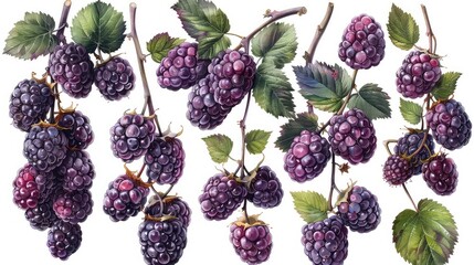 Set of Branches of Delicious Ripe Black Berries - obrazy, fototapety, plakaty