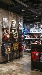 Retail environment featuring a series of logo display bags with unique artworks, showcased in a dynamic visual merchandising setup