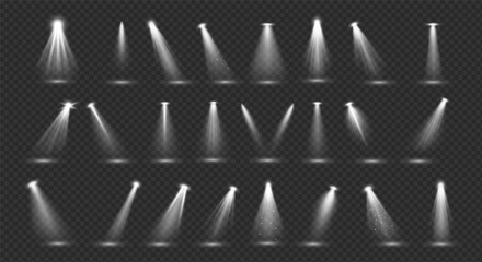 White stage backlight effects 3d realistic vector illustration set. Bright lamps glowing design. Stage spot beams on transparent background
