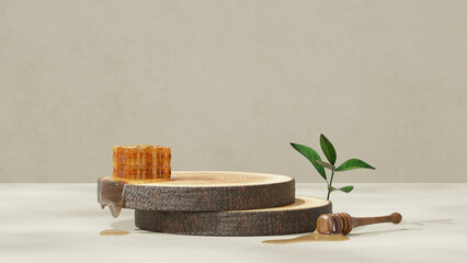 3D background display stand with honey on logs for product presentation