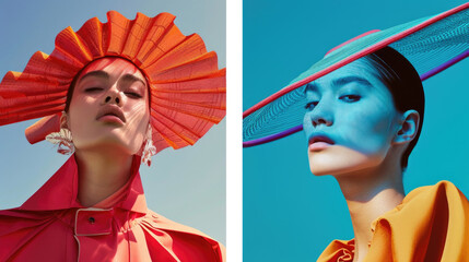 Obraz premium Two close-up shots of a woman with vibrant blue and orange makeup on her eyes and lips, showcasing bold and colorful beauty looks