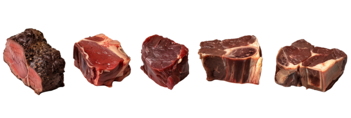 3 different cuts of dry-aged beef, each showcasing the depth of flavor achieved through the aging process, isolated on transparent background