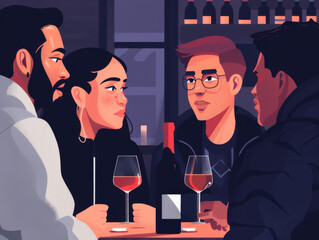 Illustration of four friends enjoying conversation at a bar with wine glasses on the table.