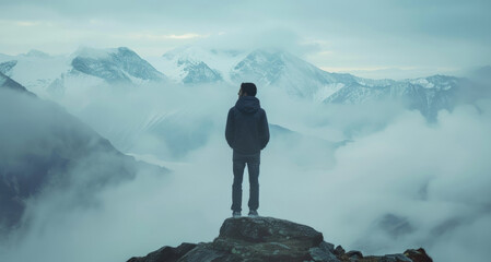 A person standing confidently on the summit of a mountain, overlooking the vast landscape below