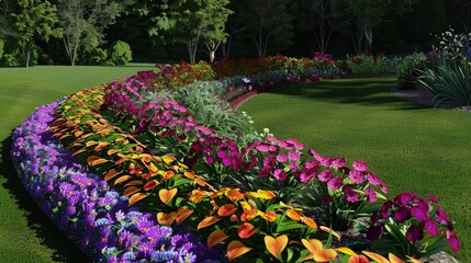 Flower bed design with a lot of curves in a garden.