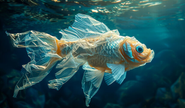 Goldfish in plastic bag in the ocean