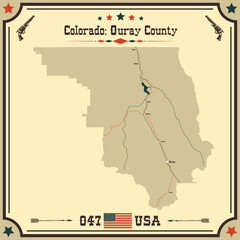Large and accurate map of Ouray County, Colorado, USA with vintage colors.