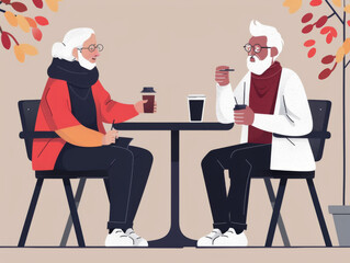 Two elderly characters enjoying coffee at a table, with autumn leaves in the background.