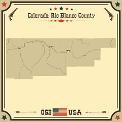 Large and accurate map of Rio Blanco County, Colorado, USA with vintage colors.