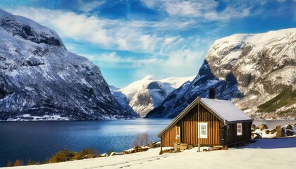 Wallpapers Cozy cabin nestled along the Norwegian fjords, surrounded by snow-capped peaks. - obrazy, fototapety, plakaty
